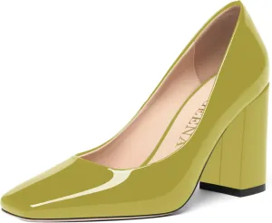 FOGEENA Womens Square Toe Slip On Sexy Patent Leather Party Block High Heel Pumps Shoes 3.34 Inch