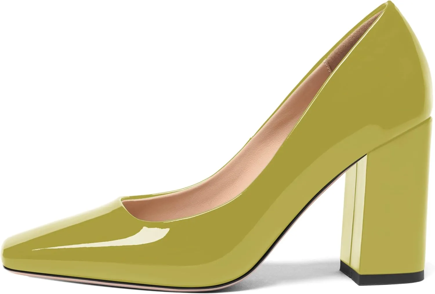 FOGEENA Womens Square Toe Slip On Sexy Patent Leather Party Block High Heel Pumps Shoes 3.34 Inch