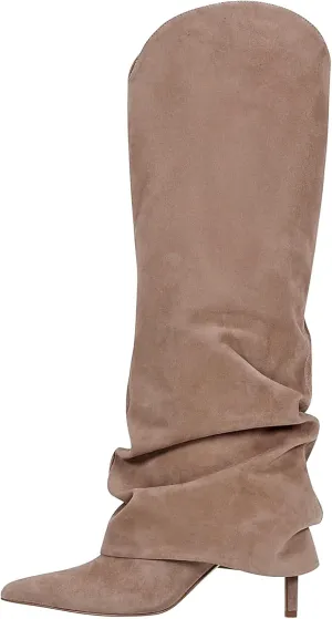 Fold Over Knee High Boots for Women - Wide Calf, Pointed Toe, Tall, Stiletto Heels, Long Boots for Fall - Pull On, Fashion, Casual, Dressy