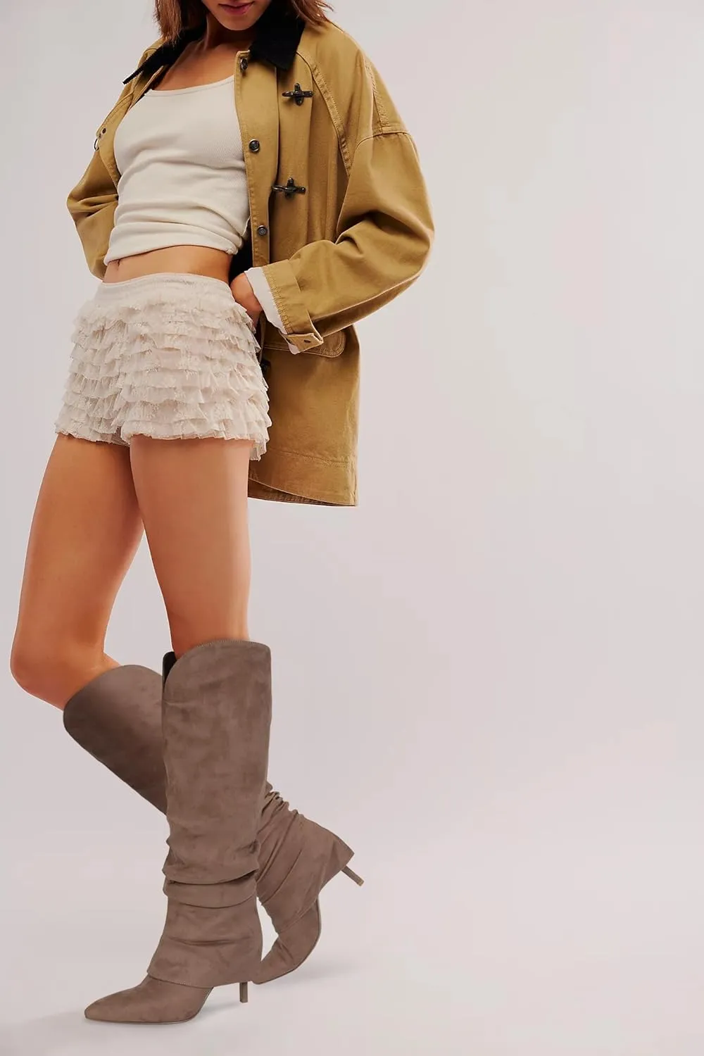 Fold Over Knee High Boots for Women - Wide Calf, Pointed Toe, Tall, Stiletto Heels, Long Boots for Fall - Pull On, Fashion, Casual, Dressy