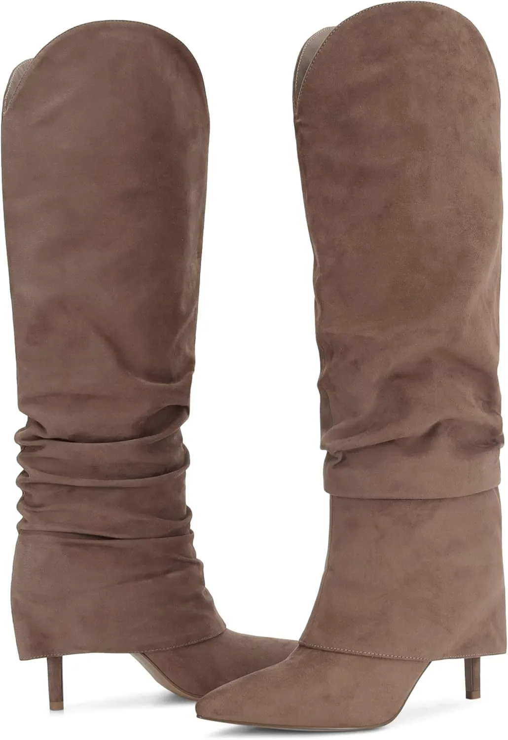 Fold Over Knee High Boots for Women - Wide Calf, Pointed Toe, Tall, Stiletto Heels, Long Boots for Fall - Pull On, Fashion, Casual, Dressy