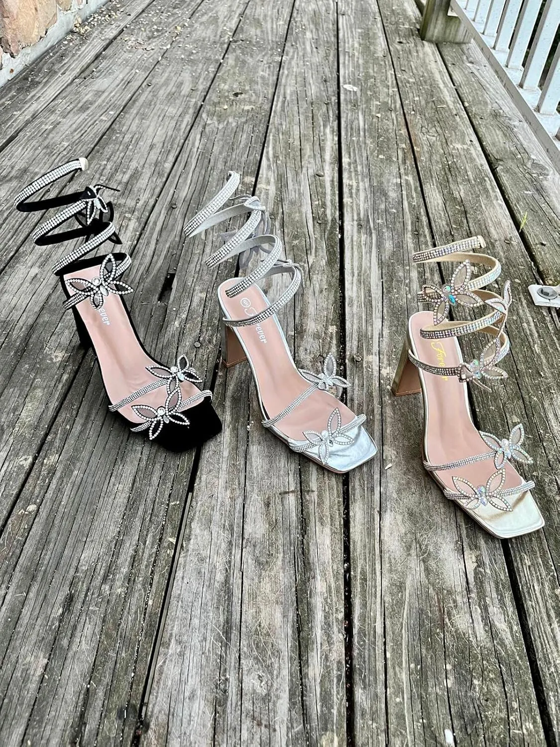 Forever Link Women's Rhinestone Butterfly Detail Spiral Coil Wrap Around Chunk Heel Sandals