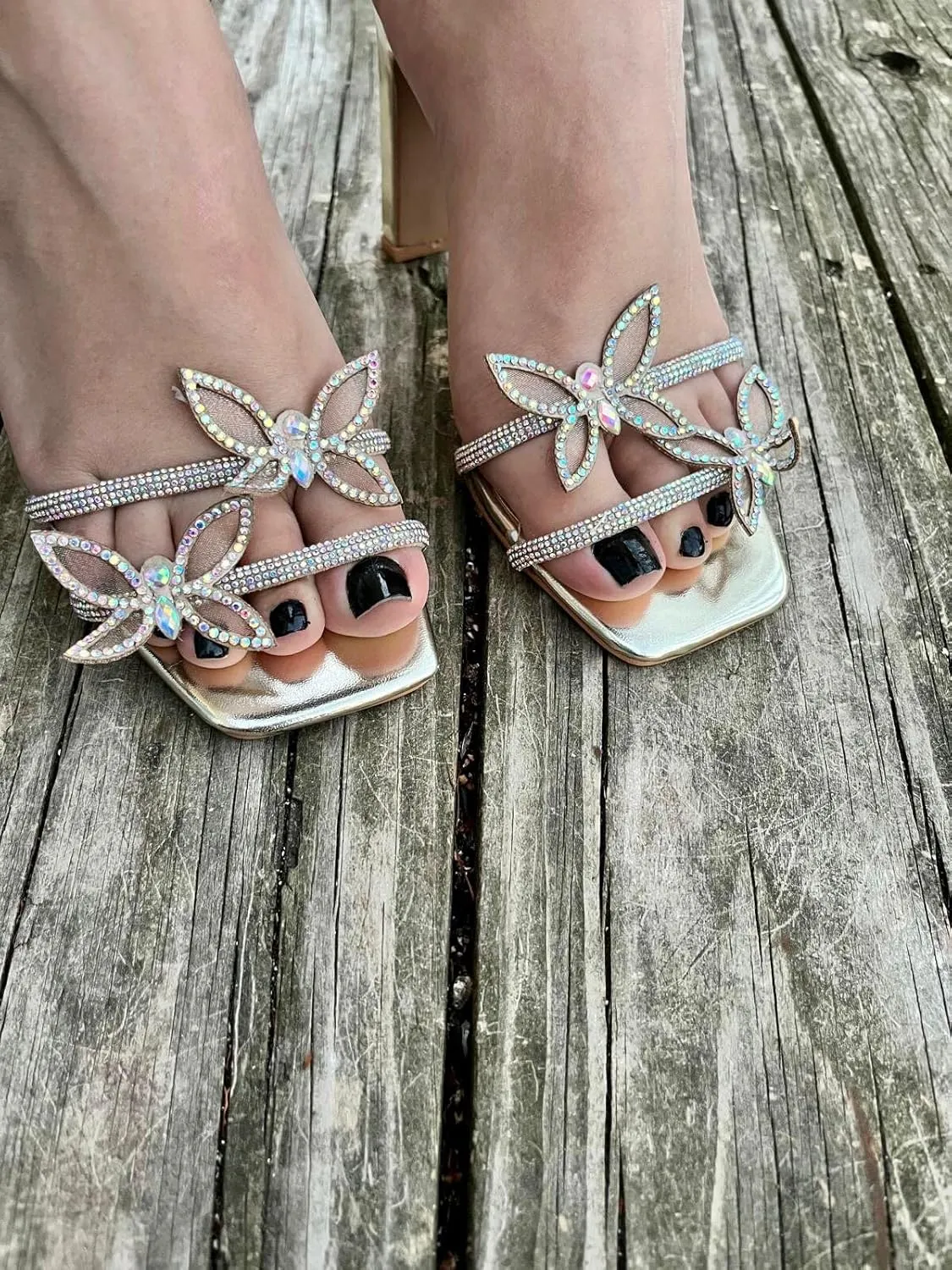 Forever Link Women's Rhinestone Butterfly Detail Spiral Coil Wrap Around Chunk Heel Sandals