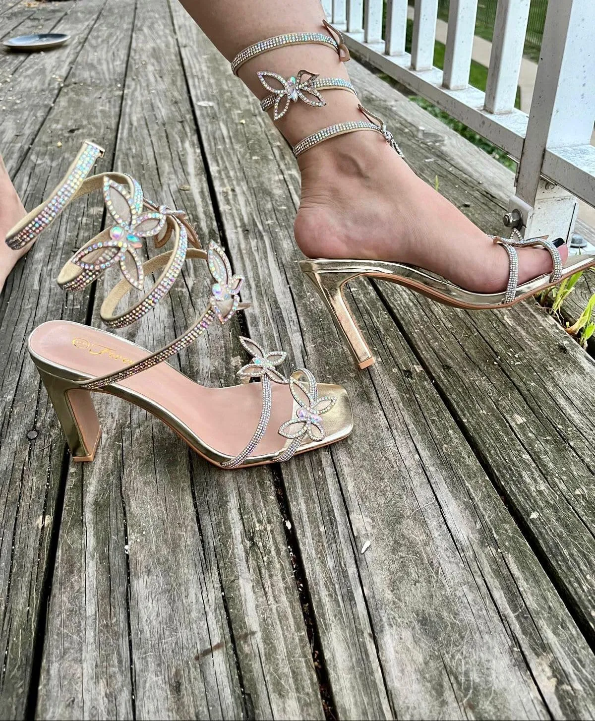 Forever Link Women's Rhinestone Butterfly Detail Spiral Coil Wrap Around Chunk Heel Sandals