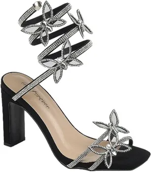 Forever Link Women's Rhinestone Butterfly Detail Spiral Coil Wrap Around Chunk Heel Sandals