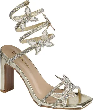 Forever Link Women's Rhinestone Butterfly Detail Spiral Coil Wrap Around Chunk Heel Sandals