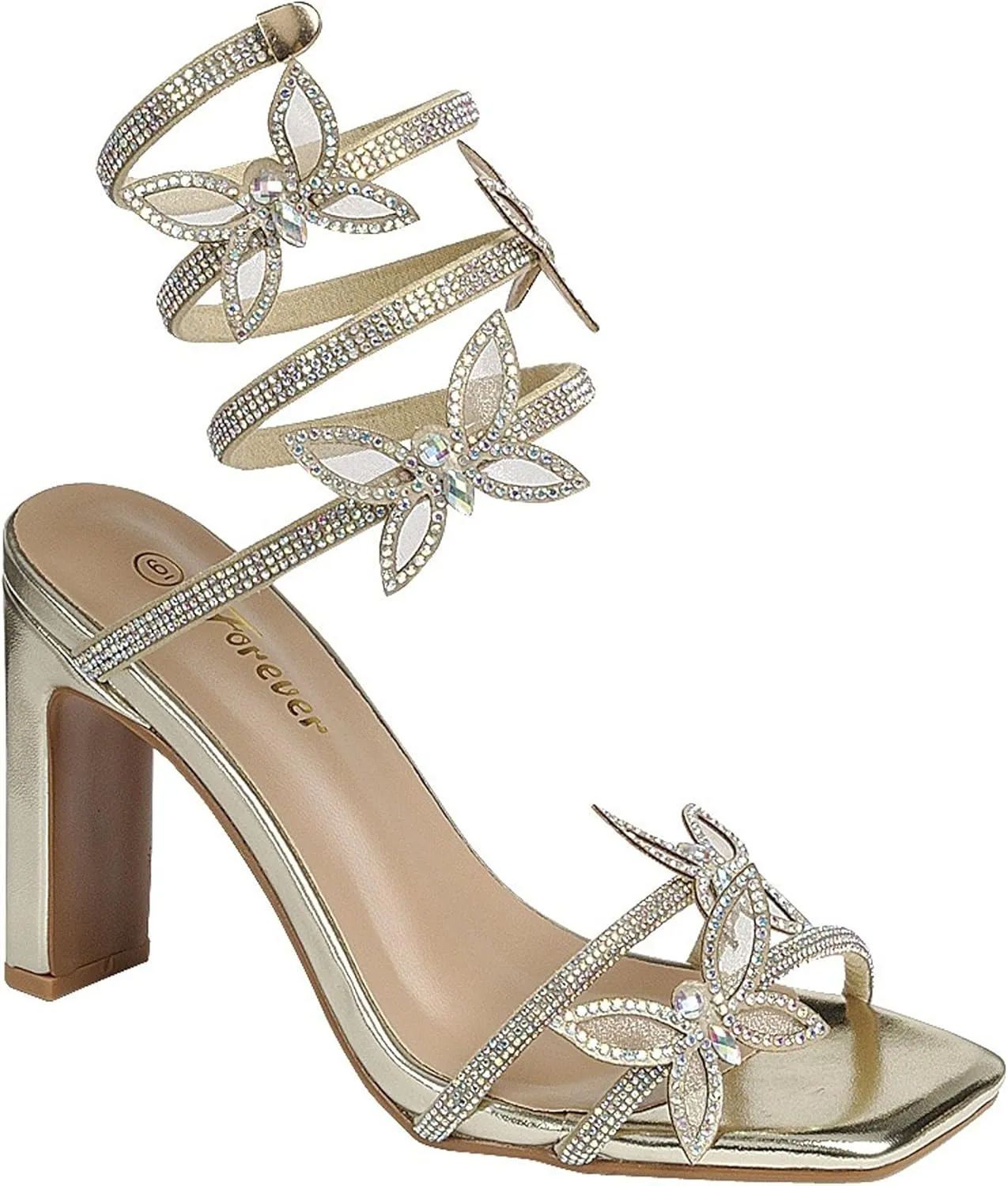 Forever Link Women's Rhinestone Butterfly Detail Spiral Coil Wrap Around Chunk Heel Sandals
