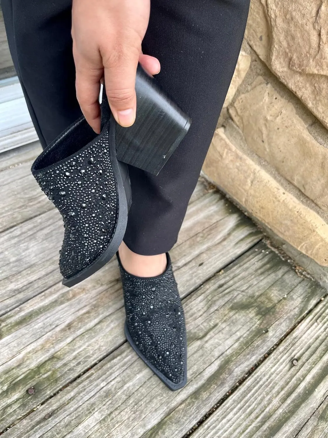 Forever Women Pointed Toe Rhinestone Slip on Mules Chunky Heel Sandals