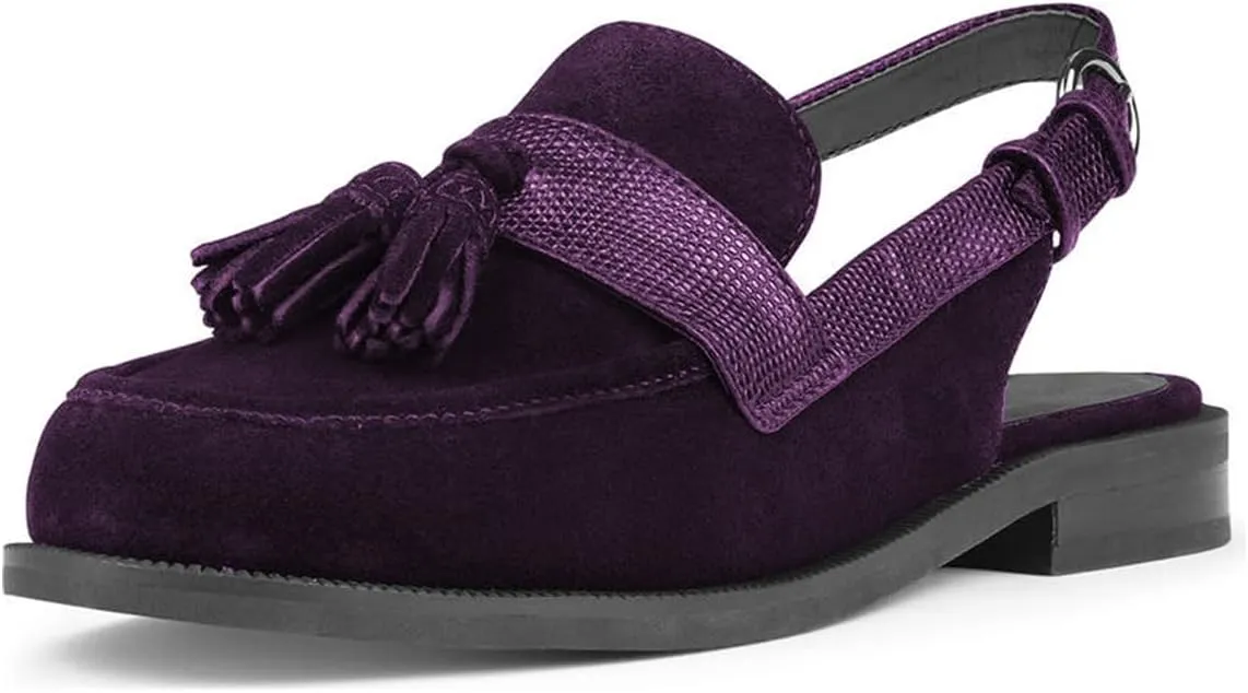 FOWT Women Tassel Round Toe Penny Loafers Comfortable Slip on Flat Slingbacks Open Back Daily Street Casual Shoes Size 4-16 US