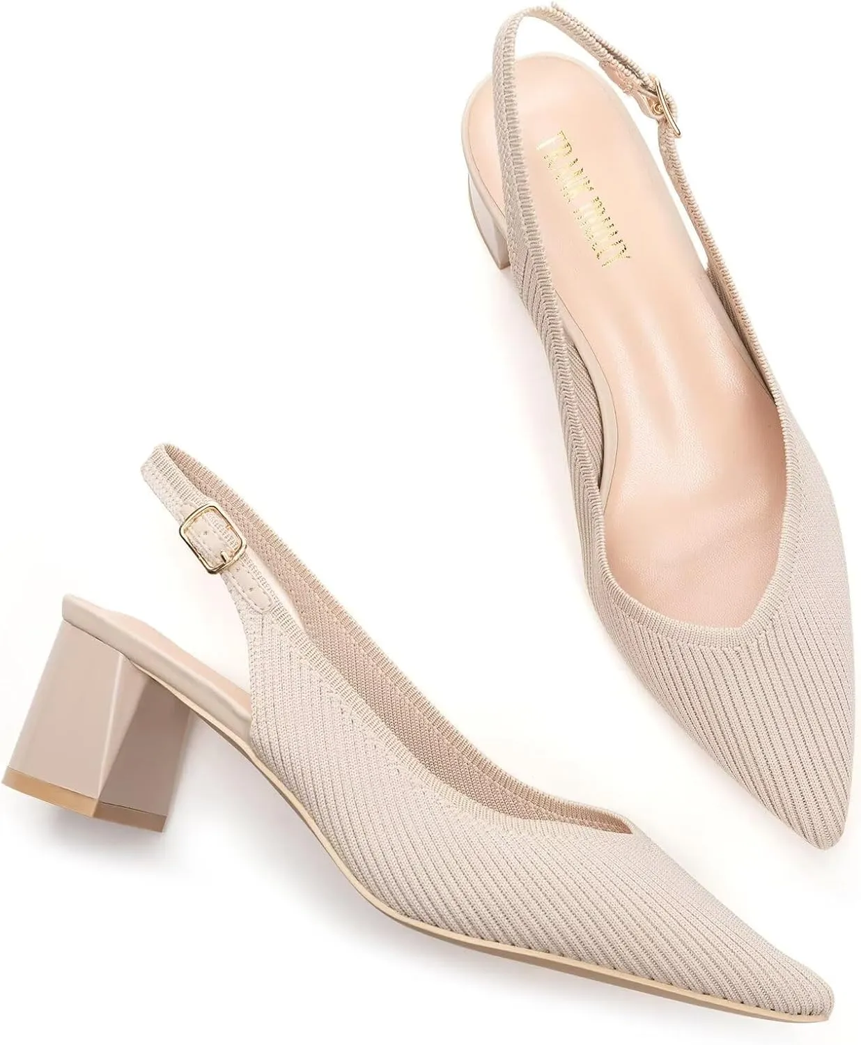 Frank Mully Women's Slingback Heels Pointed Toe Work Pumps Comfortable Chunky Pumps Knitted Closed Toe Stylish Dressy Shoes