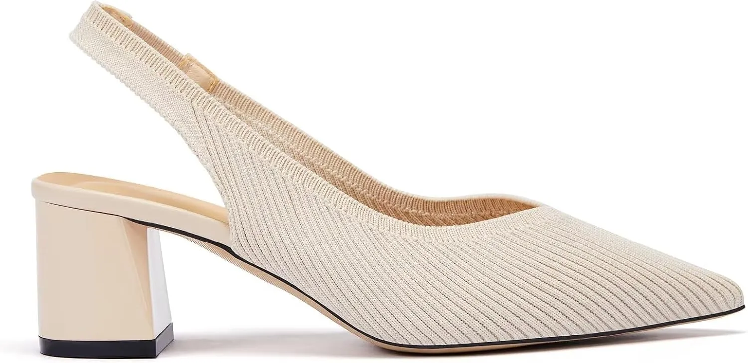 Frank Mully Women's Slingback Heels Pointed Toe Work Pumps Comfortable Chunky Pumps Knitted Closed Toe Stylish Dressy Shoes