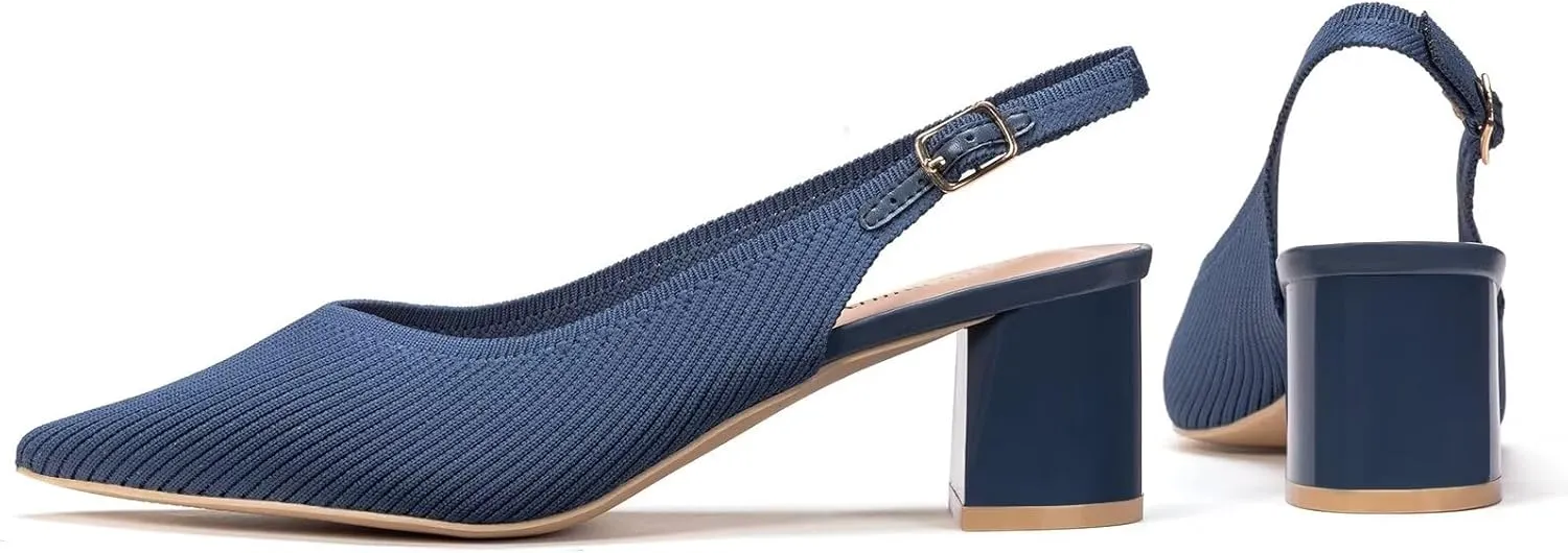 Frank Mully Women's Slingback Heels Pointed Toe Work Pumps Comfortable Chunky Pumps Knitted Closed Toe Stylish Dressy Shoes