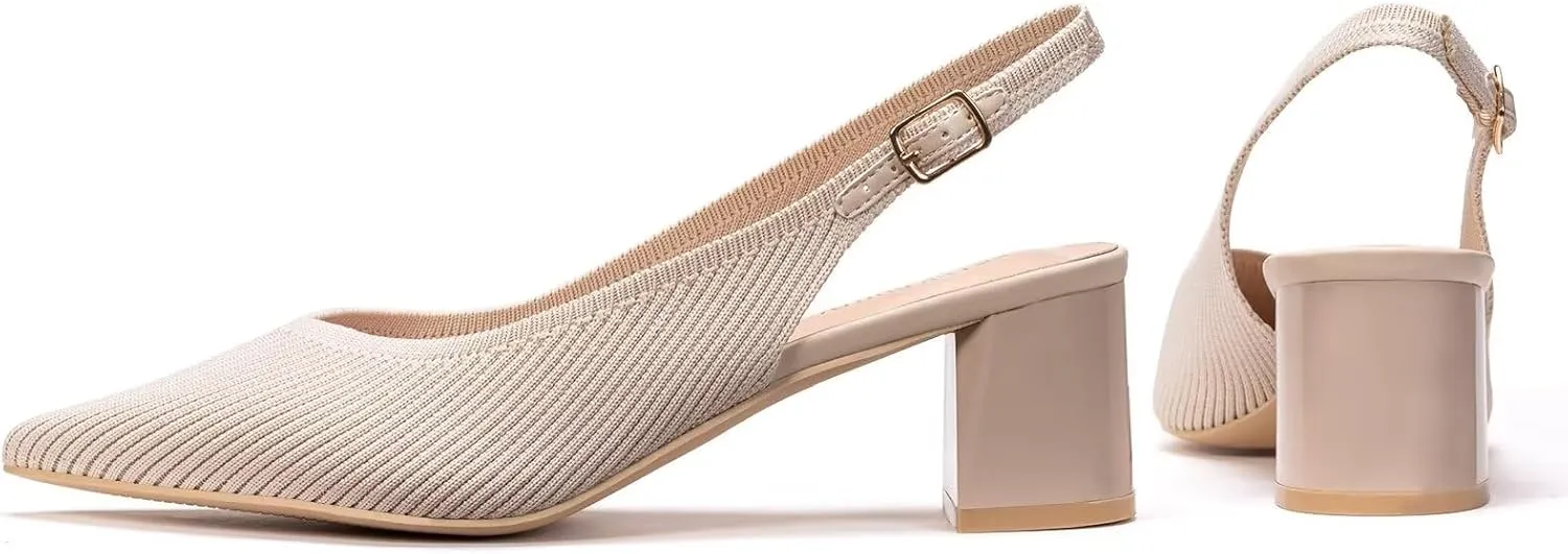 Frank Mully Women's Slingback Heels Pointed Toe Work Pumps Comfortable Chunky Pumps Knitted Closed Toe Stylish Dressy Shoes