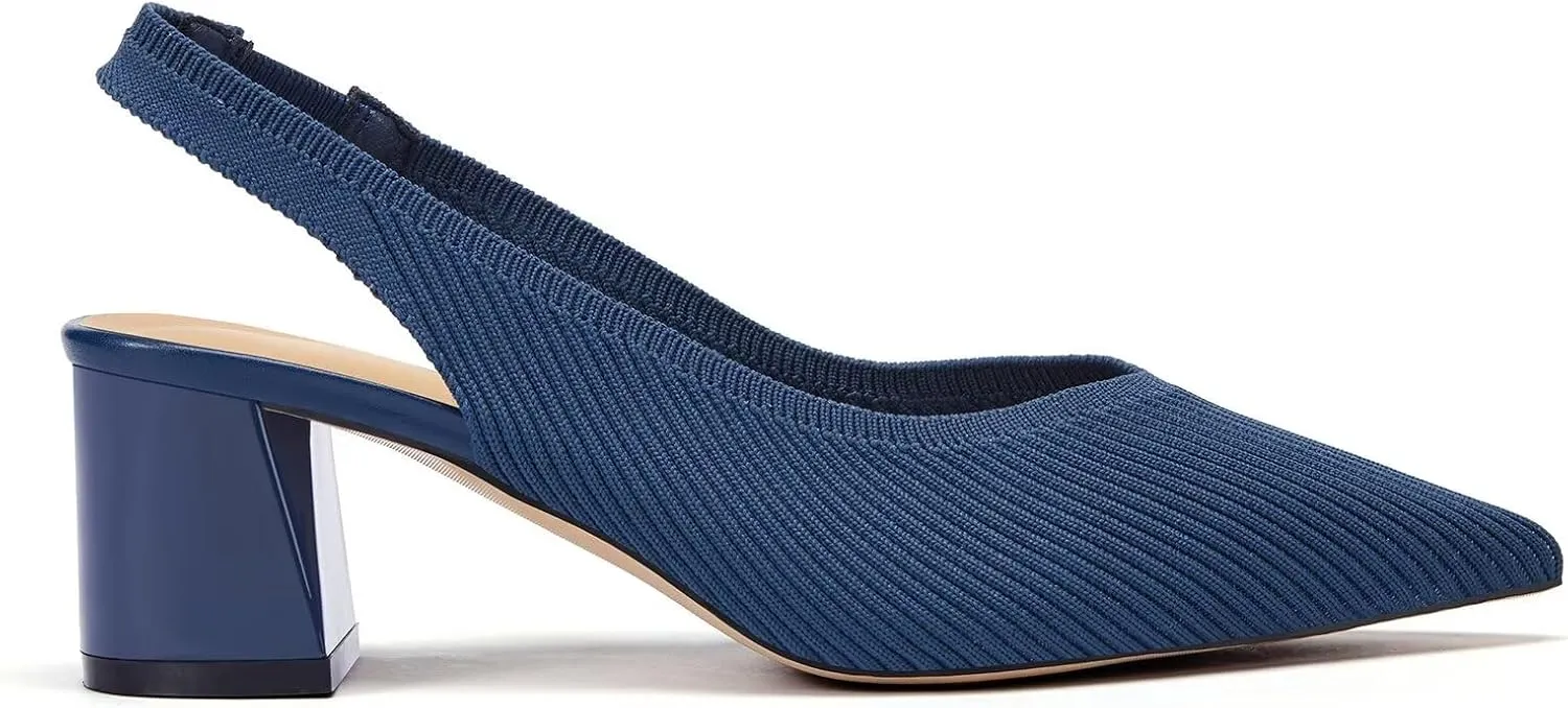 Frank Mully Women's Slingback Heels Pointed Toe Work Pumps Comfortable Chunky Pumps Knitted Closed Toe Stylish Dressy Shoes