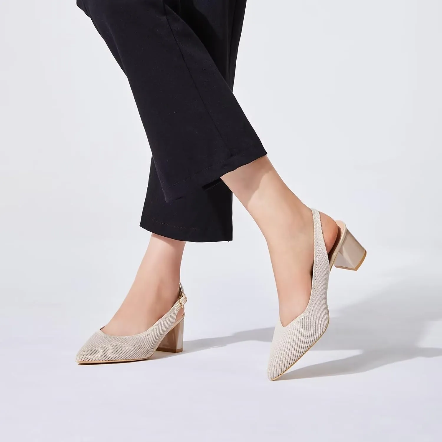 Frank Mully Women's Slingback Heels Pointed Toe Work Pumps Comfortable Chunky Pumps Knitted Closed Toe Stylish Dressy Shoes