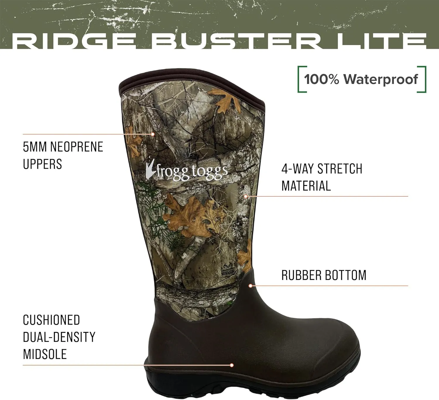 FROGG TOGGS Men's Ridge Buster Lite Rubber and Stretch Neoprene Waterproof Boot