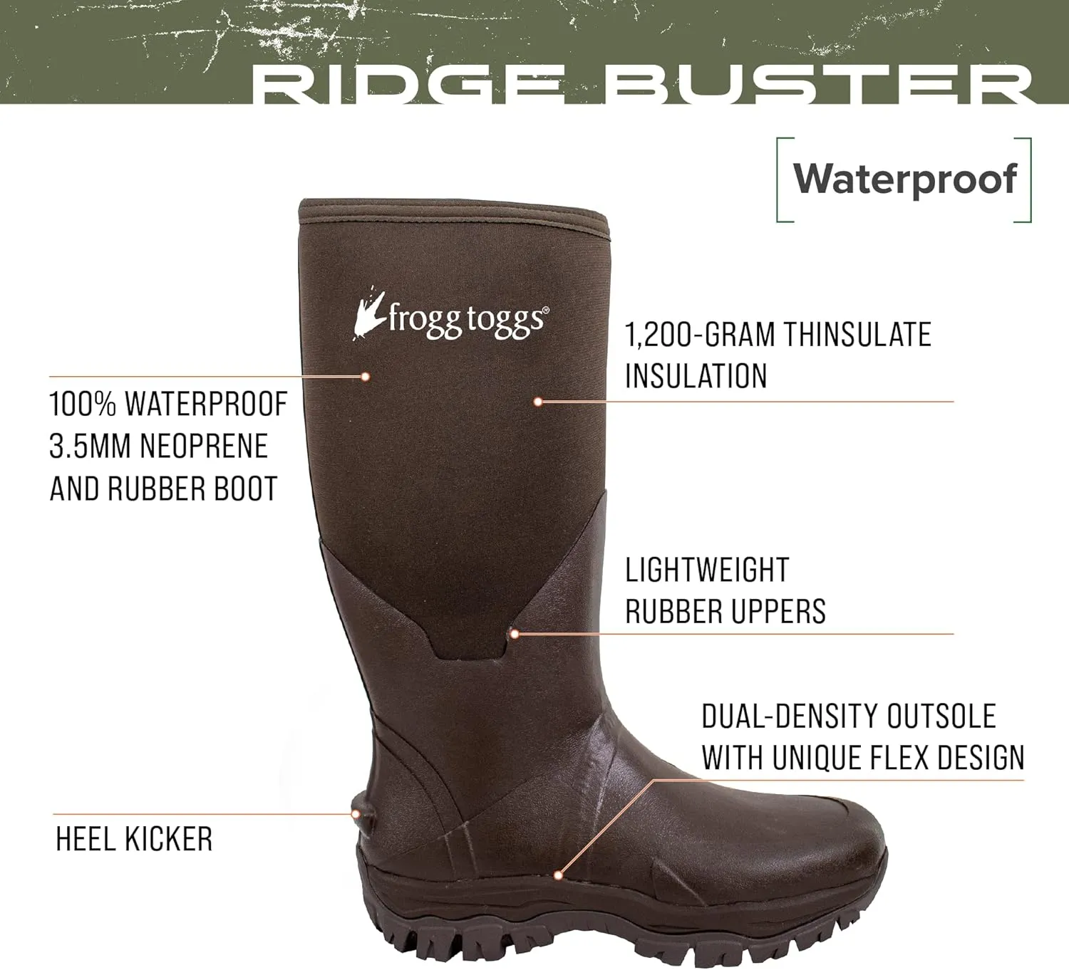 FROGG TOGGS Men's Ridge Buster Waterproof, Insulated Rubber Hunting Boot Neoprene and Thinsulate