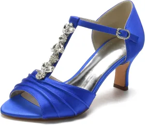 FufoneUS Women T-Strap Mid Heel Pumps Peep Toe Rhinestones Pleated Satin Evening Wedding Bridal Sandals,Blue,11