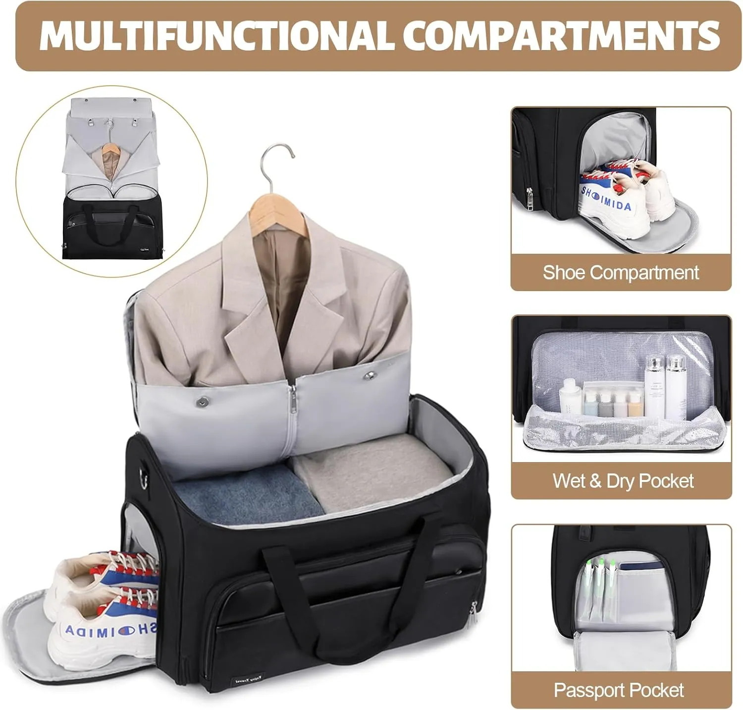 Garment Duffle Bags for Travel, Convertible Garment Bag for Men Women, Carry On Duffle Bag Backpack with Shoe Compartment & Toiletry Bag, 4 in 1 Hanging Suitcase Suit Travel Bags (Black)
