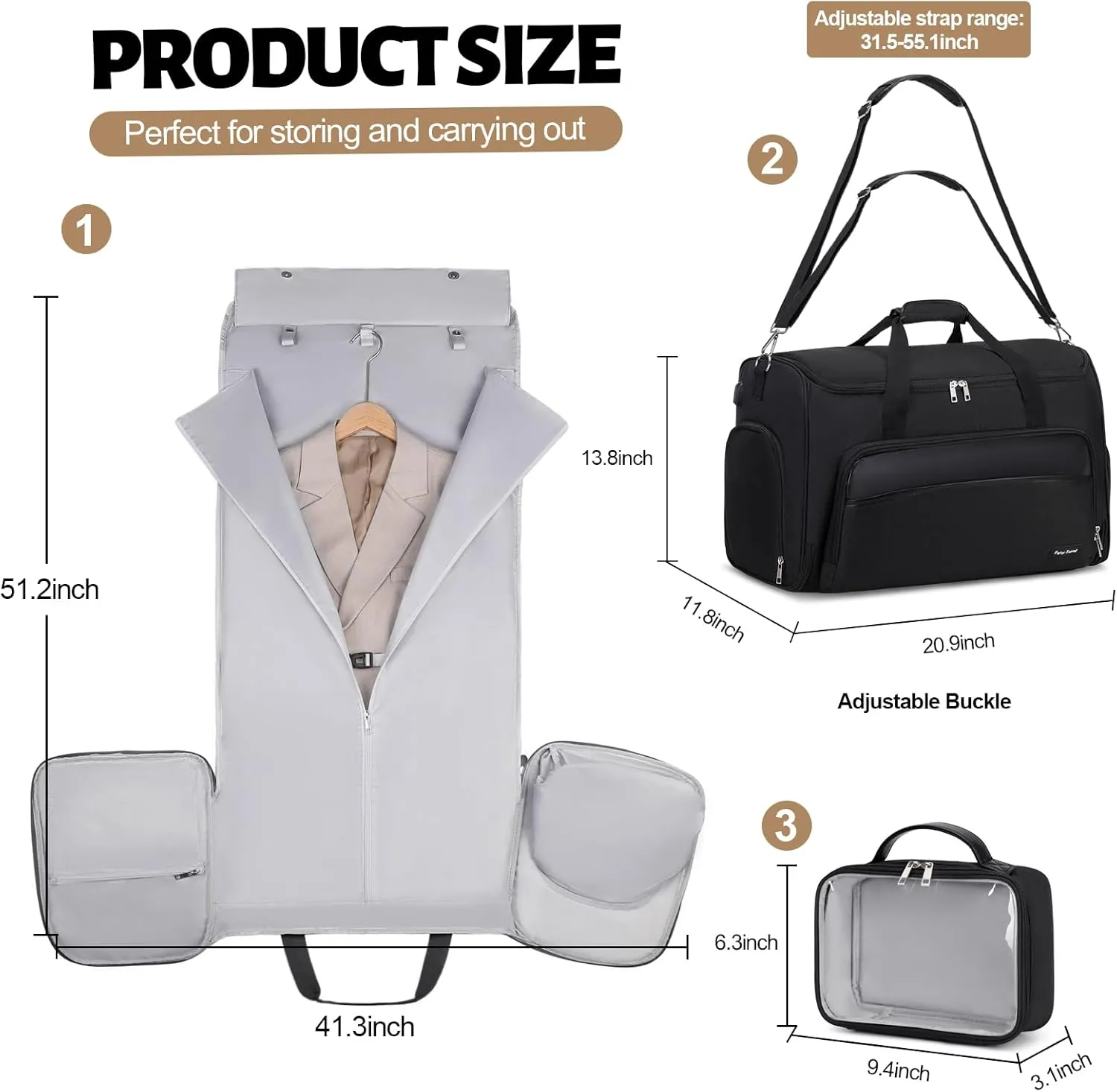 Garment Duffle Bags for Travel, Convertible Garment Bag for Men Women, Carry On Duffle Bag Backpack with Shoe Compartment & Toiletry Bag, 4 in 1 Hanging Suitcase Suit Travel Bags (Black)