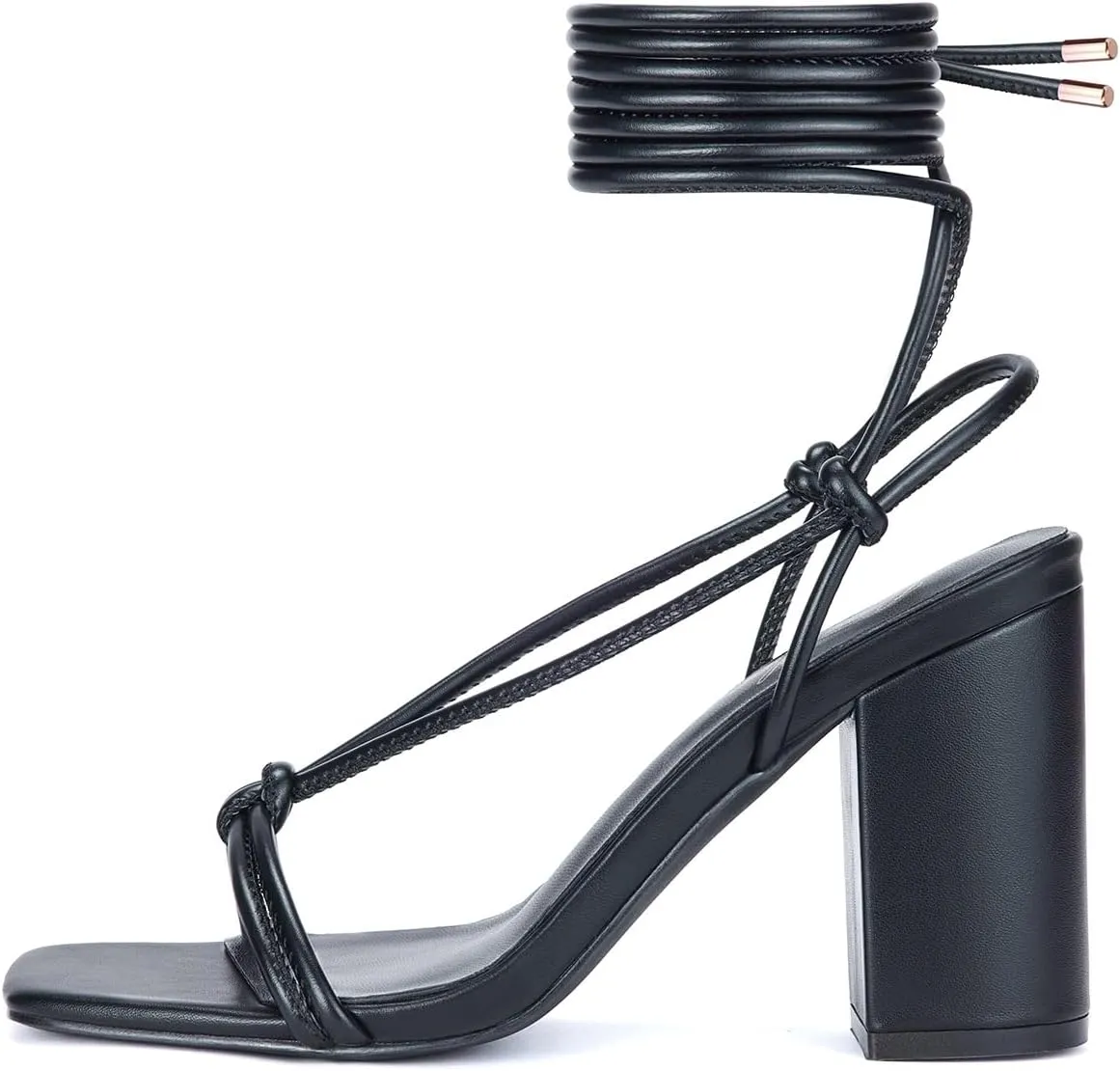 GENSHUO Square Toe Sandals Women Lace up Chunky High Heels Strappy Sandals Block Heeled Ankle Wrap Homecoming Wedding Dress Shoes Gold Size 9.5
