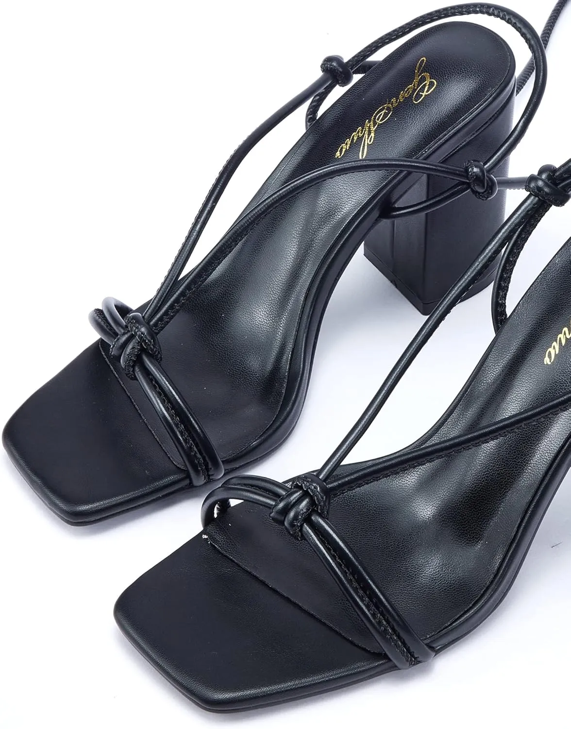 GENSHUO Square Toe Sandals Women Lace up Chunky High Heels Strappy Sandals Block Heeled Ankle Wrap Homecoming Wedding Dress Shoes Gold Size 9.5