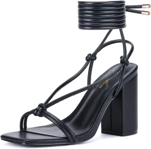 GENSHUO Square Toe Sandals Women Lace up Chunky High Heels Strappy Sandals Block Heeled Ankle Wrap Homecoming Wedding Dress Shoes Gold Size 9.5