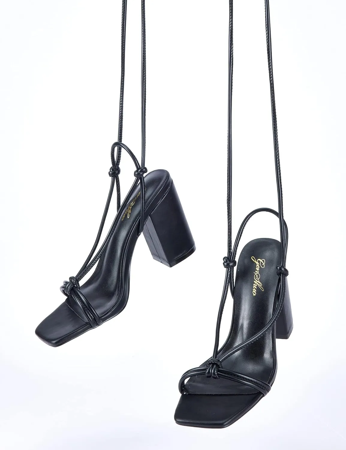 GENSHUO Square Toe Sandals Women Lace up Chunky High Heels Strappy Sandals Block Heeled Ankle Wrap Homecoming Wedding Dress Shoes Gold Size 9.5