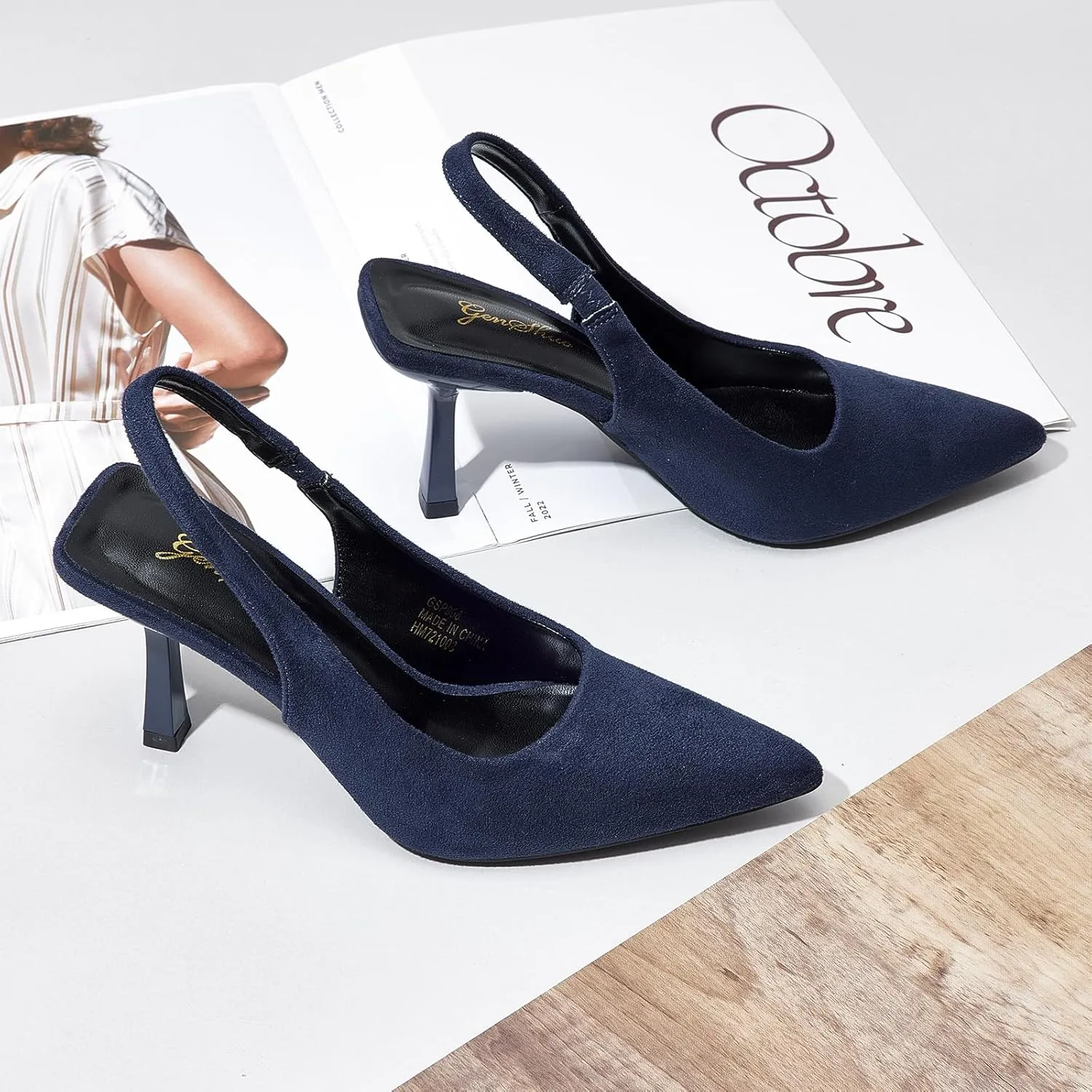 GENSHUO Women's Slingback Kitten Heel Pointed Closed Toe Stiletto Pumps Slip on Elastic Strap Wedding Party Dress Sandals Shoes