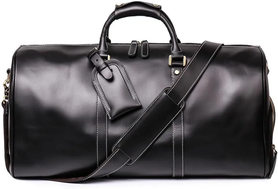 Genuine Leather Men Travel Bag Cowhide Luggage Bags Shoulder Bag Weekend Bag Overnight Gym Sports Carry On Duffel Bag (Black-20" with shoe compartment)