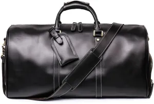 Genuine Leather Men Travel Bag Cowhide Luggage Bags Shoulder Bag Weekend Bag Overnight Gym Sports Carry On Duffel Bag (Black-20" with shoe compartment)