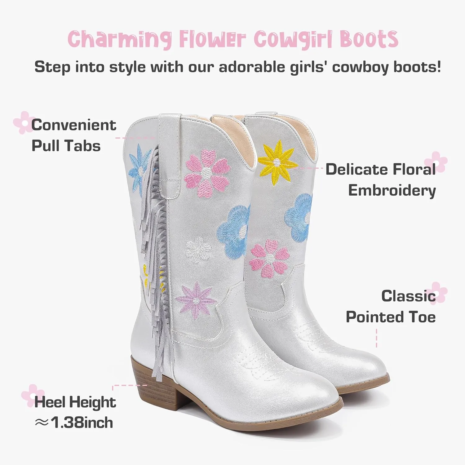 Girls Cowboy Boots Toddler Cowgirl Floral Embroidered Fringe Little Kids Western Boots Girl Riding Boot Birthday Party