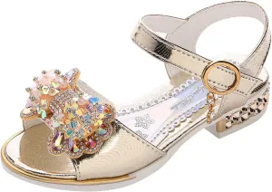 Girls Fashion Low Heels Dress Open Toe Rhinestone Butterfly Sandals Summer Sandals for Girls Wedding Party Sandals (Gold, 4-4.5 Years Little Child)