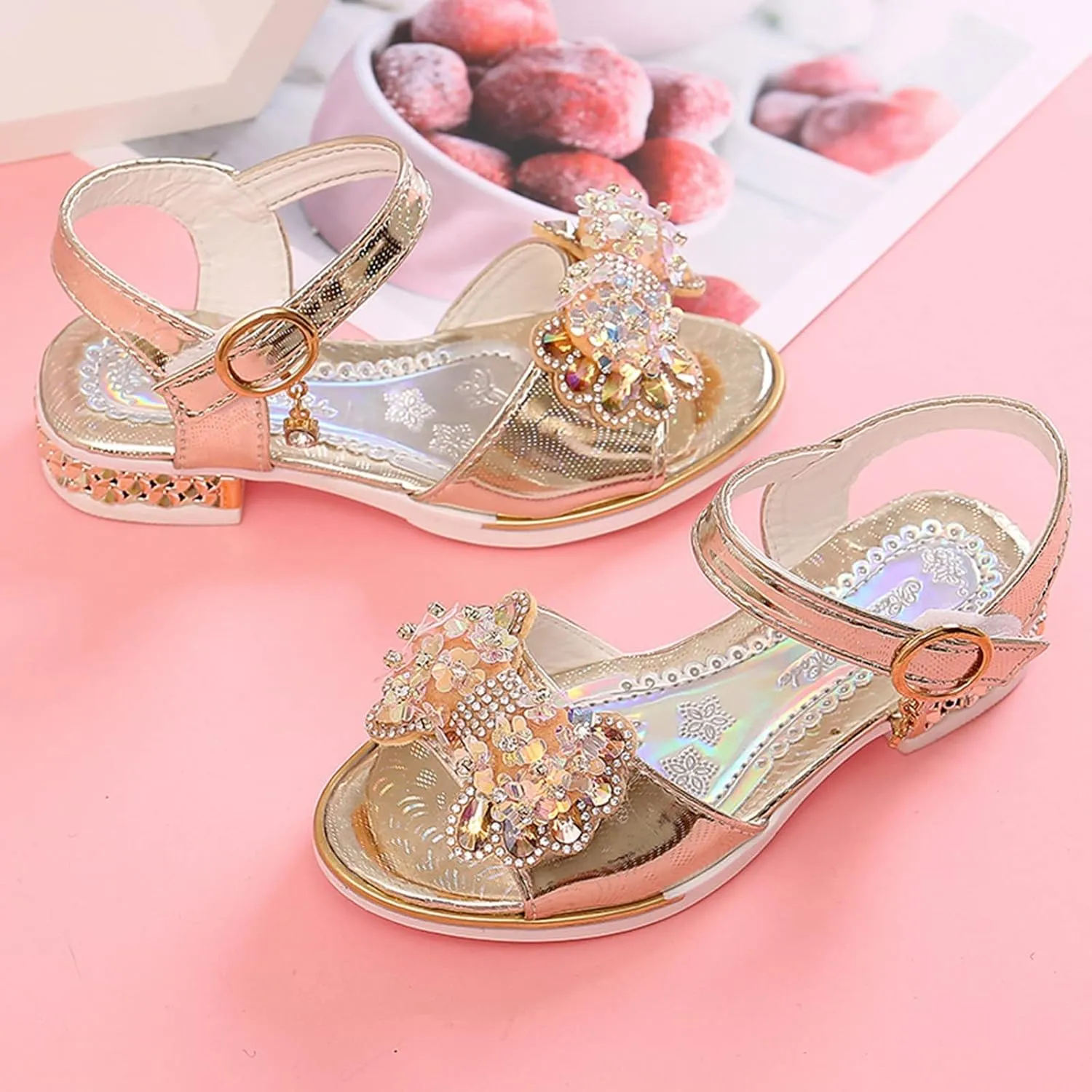 Girls Fashion Low Heels Dress Open Toe Rhinestone Butterfly Sandals Summer Sandals for Girls Wedding Party Sandals (Gold, 4-4.5 Years Little Child)