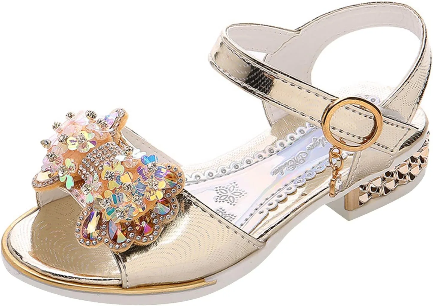 Girls Fashion Low Heels Dress Open Toe Rhinestone Butterfly Sandals Summer Sandals for Girls Wedding Party Sandals (Gold, 4-4.5 Years Little Child)