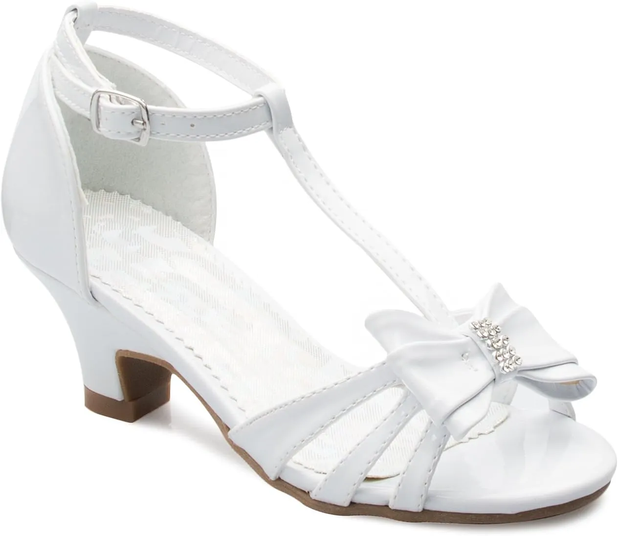 Girl's Glitter Leatherette Open Toe Strappy Ankle T Strap Kitten Heel Sandal (Toddler/Little Girl)