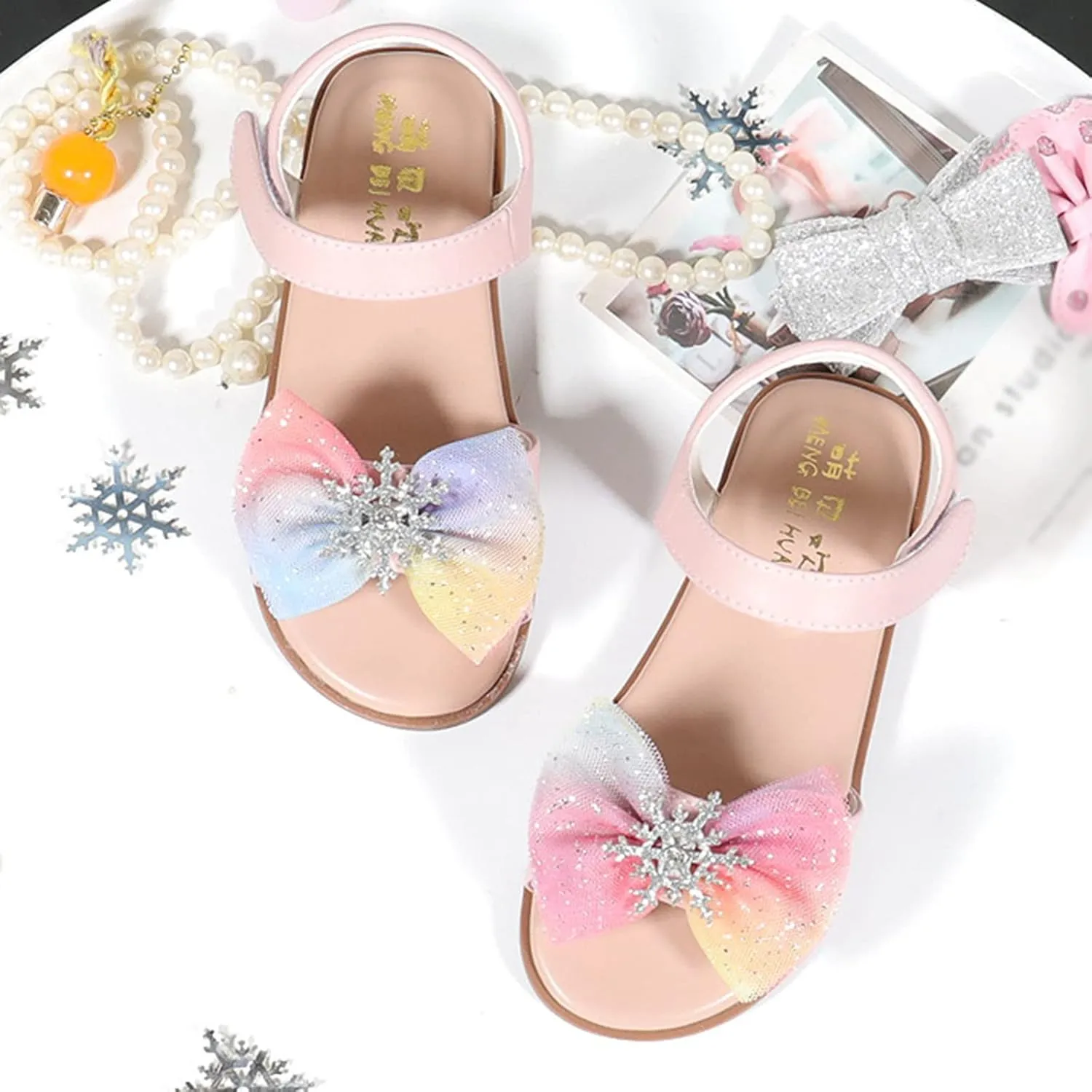 Girls Kids Bow Glitter Sandals Open Toe Rubber Sole Footbed Summer Dress Shoes Baby Toddler Flat Princess Sandals