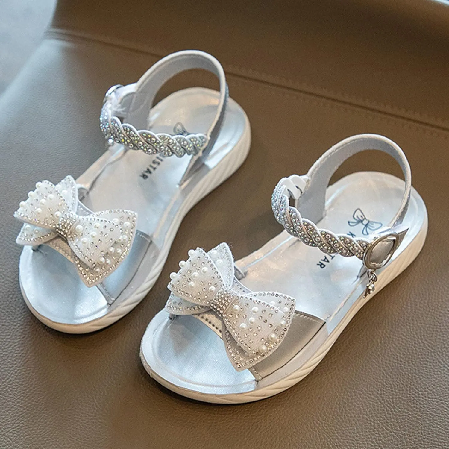 Girls Kids Foam Leather Sandals Wedding Beaded Ankle Strap Shoes Baby Girl Open Toe Summer Sequins Glitter Sandals Cute