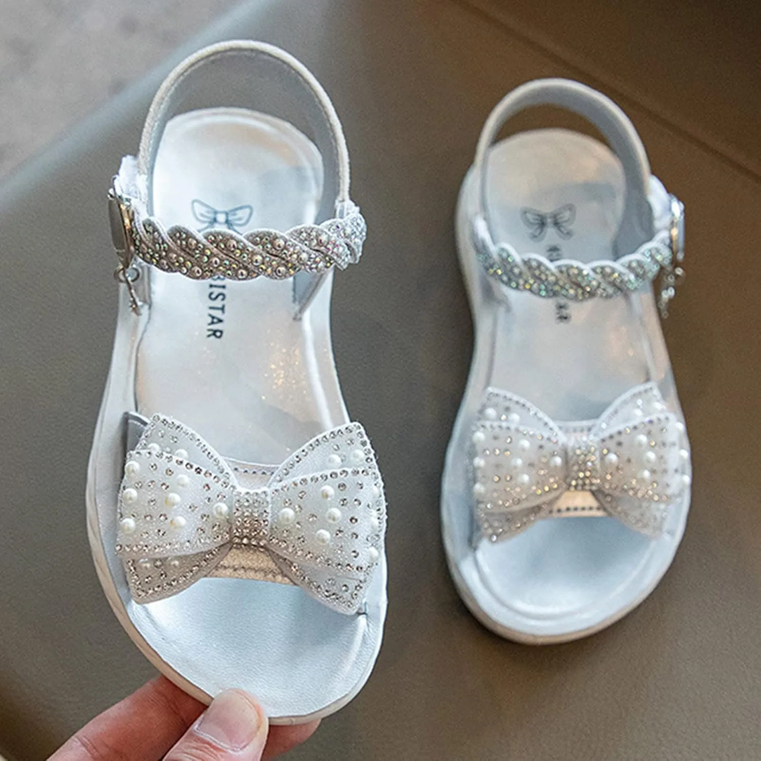 Girls Kids Foam Leather Sandals Wedding Beaded Ankle Strap Shoes Baby Girl Open Toe Summer Sequins Glitter Sandals Cute