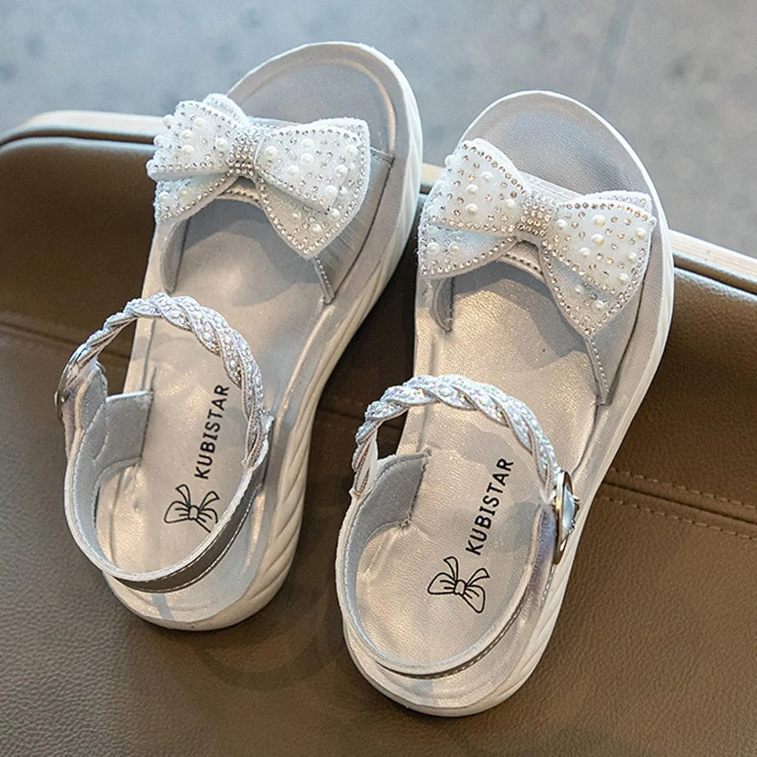 Girls Kids Foam Leather Sandals Wedding Beaded Ankle Strap Shoes Baby Girl Open Toe Summer Sequins Glitter Sandals Cute