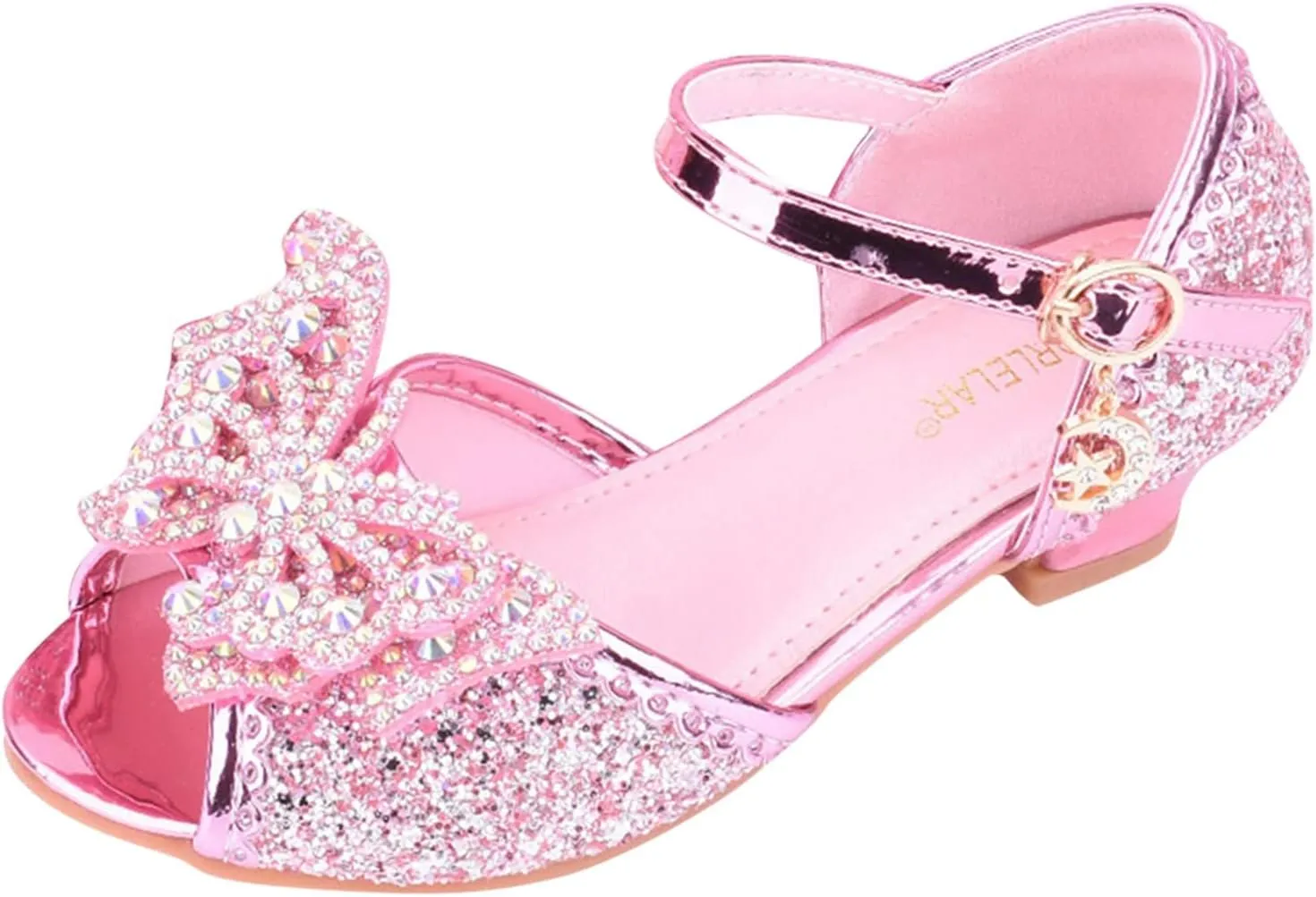 Girls Kids Sequins Pearl Bow Sandals High Heels Ankle Closed Toe Summer Princess Shoes Slip On Comfy Dress Dance Loafers