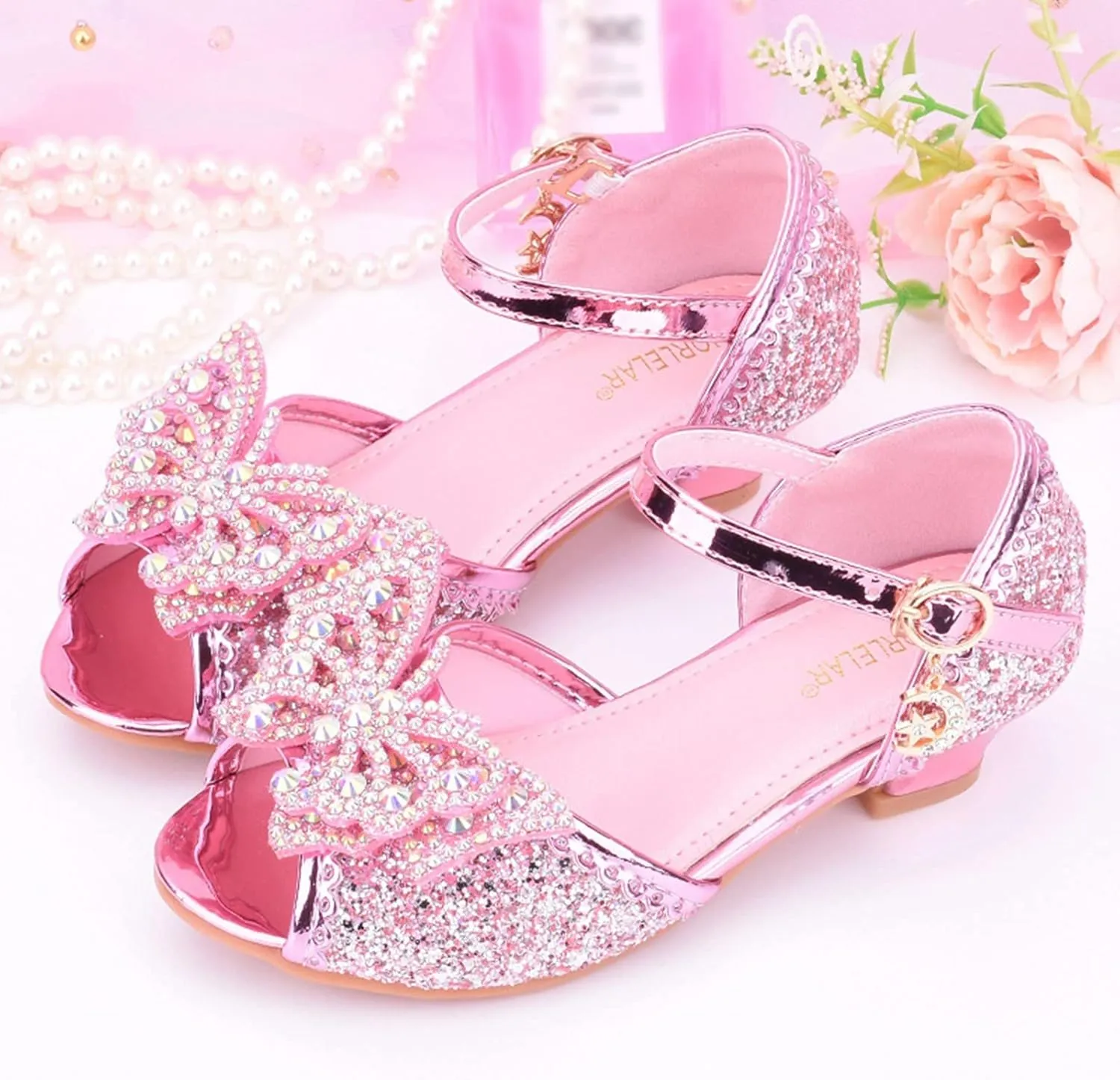 Girls Kids Sequins Pearl Bow Sandals High Heels Ankle Closed Toe Summer Princess Shoes Slip On Comfy Dress Dance Loafers