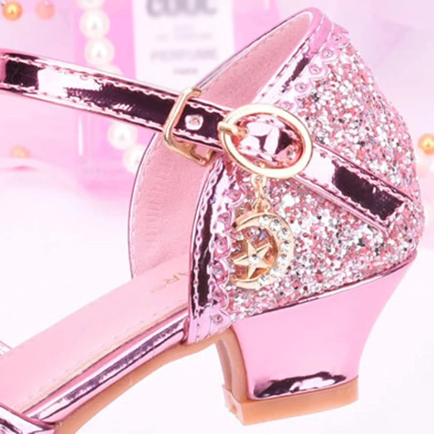 Girls Kids Sequins Pearl Bow Sandals High Heels Ankle Closed Toe Summer Princess Shoes Slip On Comfy Dress Dance Loafers