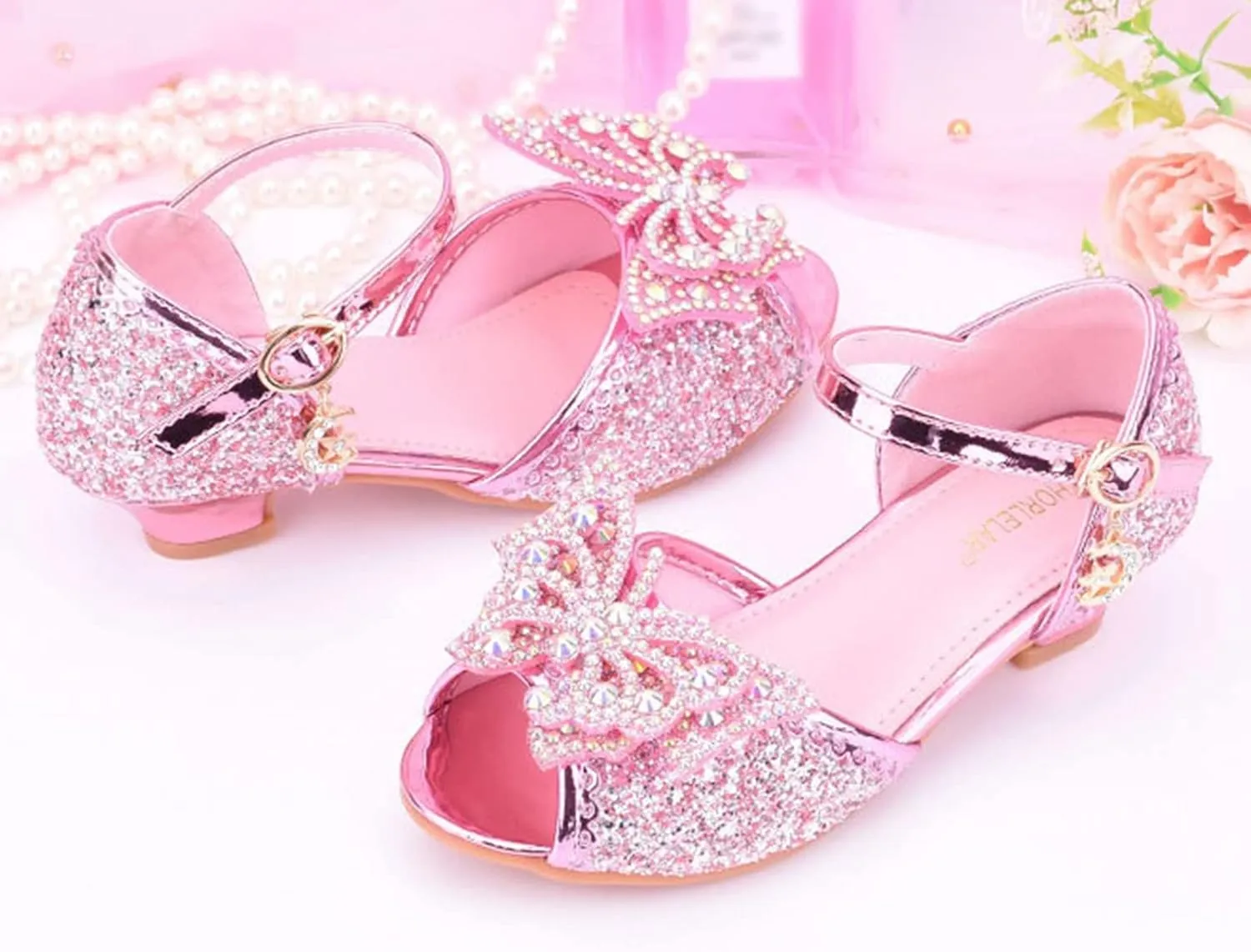 Girls Kids Sequins Pearl Bow Sandals High Heels Ankle Closed Toe Summer Princess Shoes Slip On Comfy Dress Dance Loafers