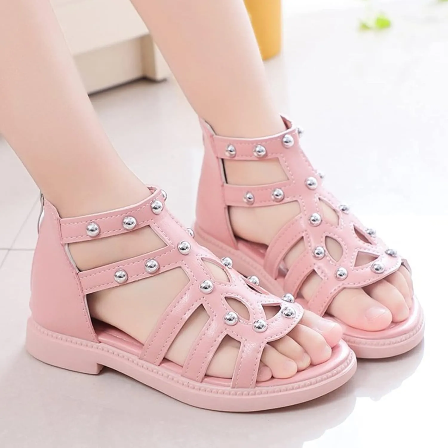 Girls Kids Short Gl𝐚diator Sandals Shoes Ankle Rubber Leather Non Slip Shoes Baby Toddler Side Zipper Summer Casual