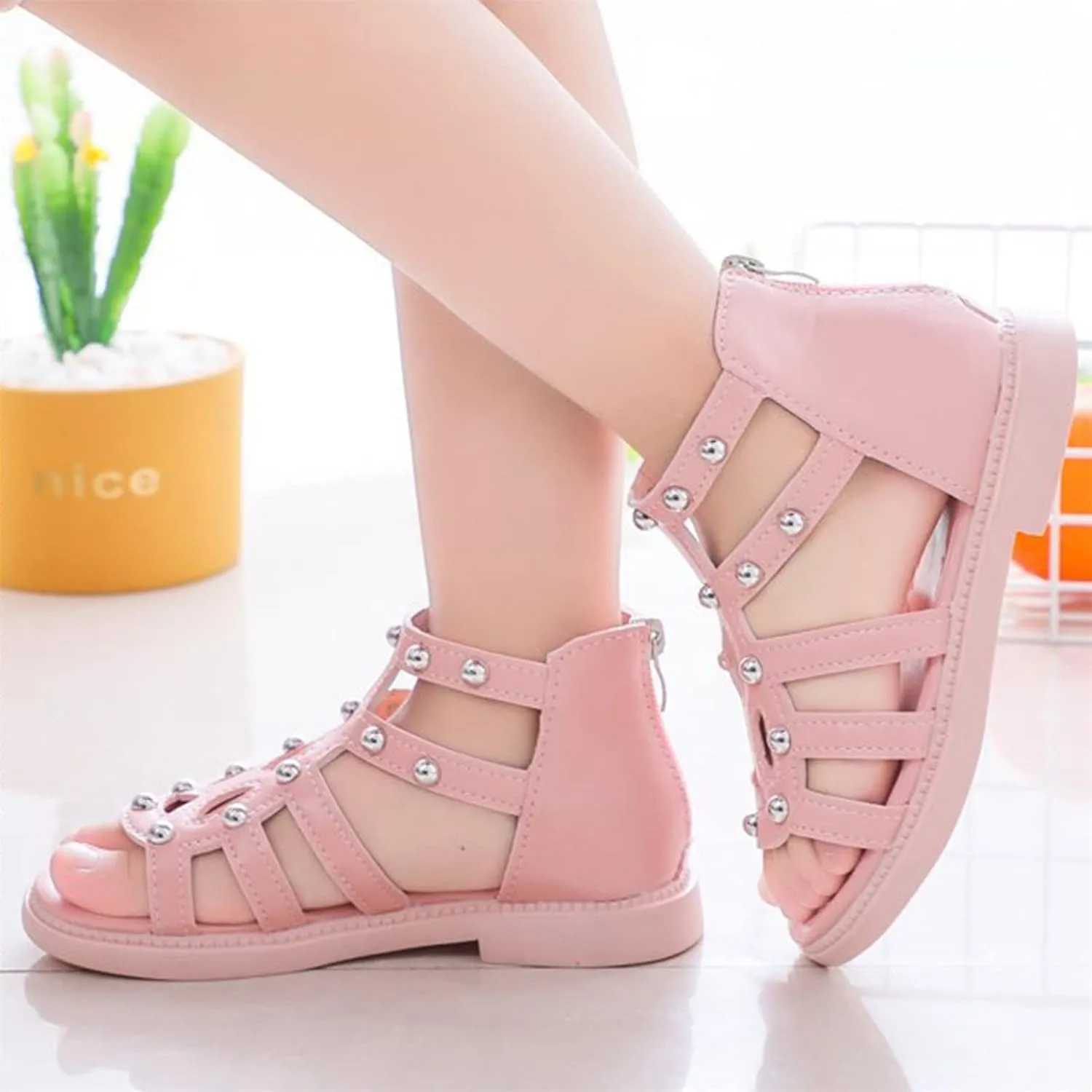 Girls Kids Short Gl𝐚diator Sandals Shoes Ankle Rubber Leather Non Slip Shoes Baby Toddler Side Zipper Summer Casual