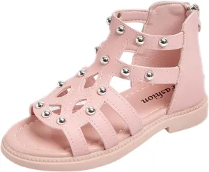 Girls Kids Short Gl𝐚diator Sandals Shoes Ankle Rubber Leather Non Slip Shoes Baby Toddler Side Zipper Summer Casual