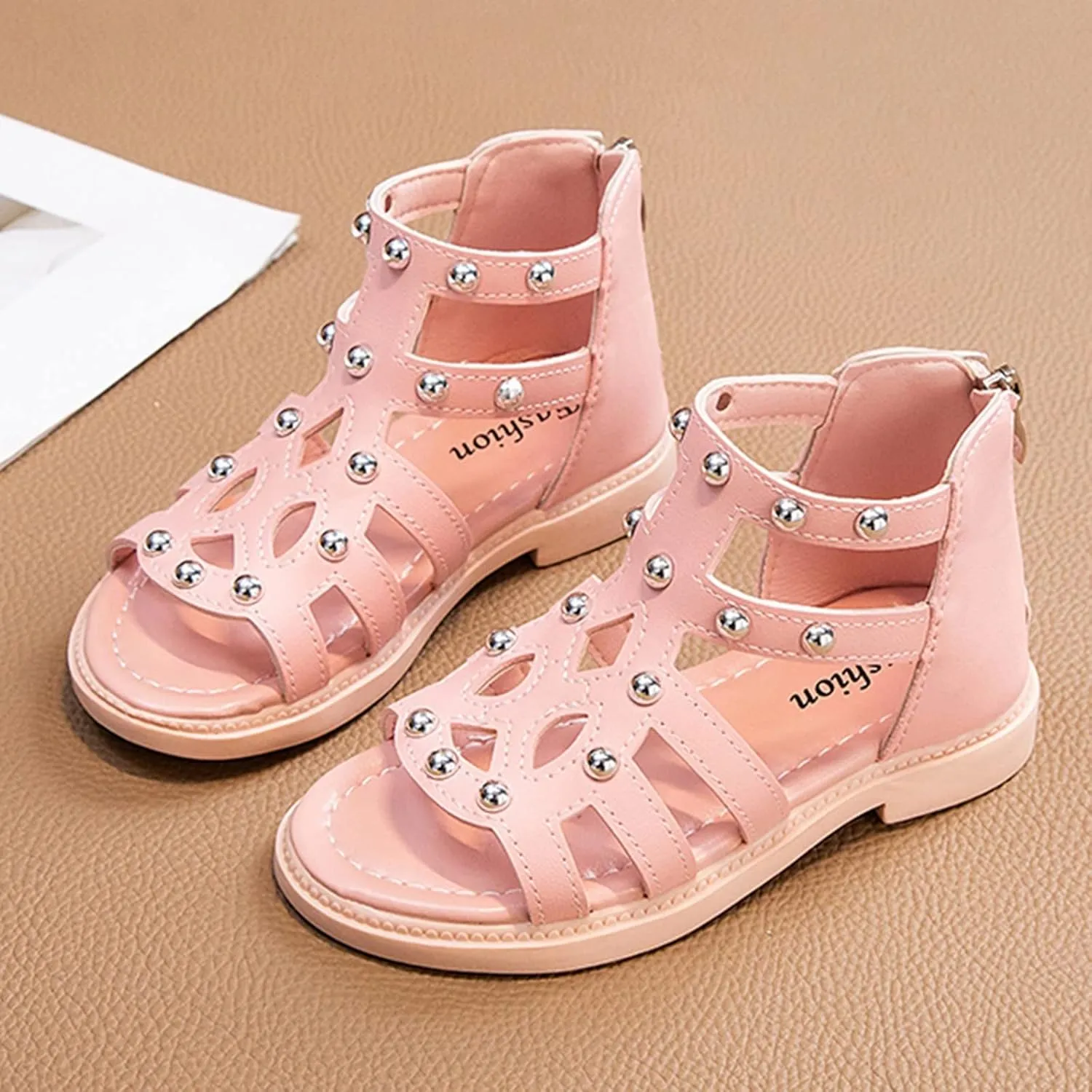 Girls Kids Short Gl𝐚diator Sandals Shoes Ankle Rubber Leather Non Slip Shoes Baby Toddler Side Zipper Summer Casual