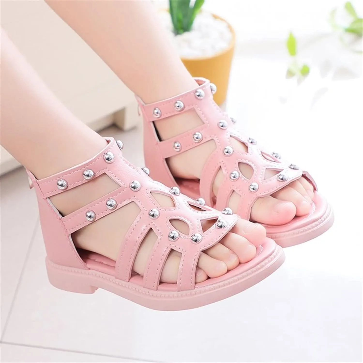 Girls Kids Short Gl𝐚diator Sandals Shoes Ankle Rubber Leather Non Slip Shoes Baby Toddler Side Zipper Summer Casual