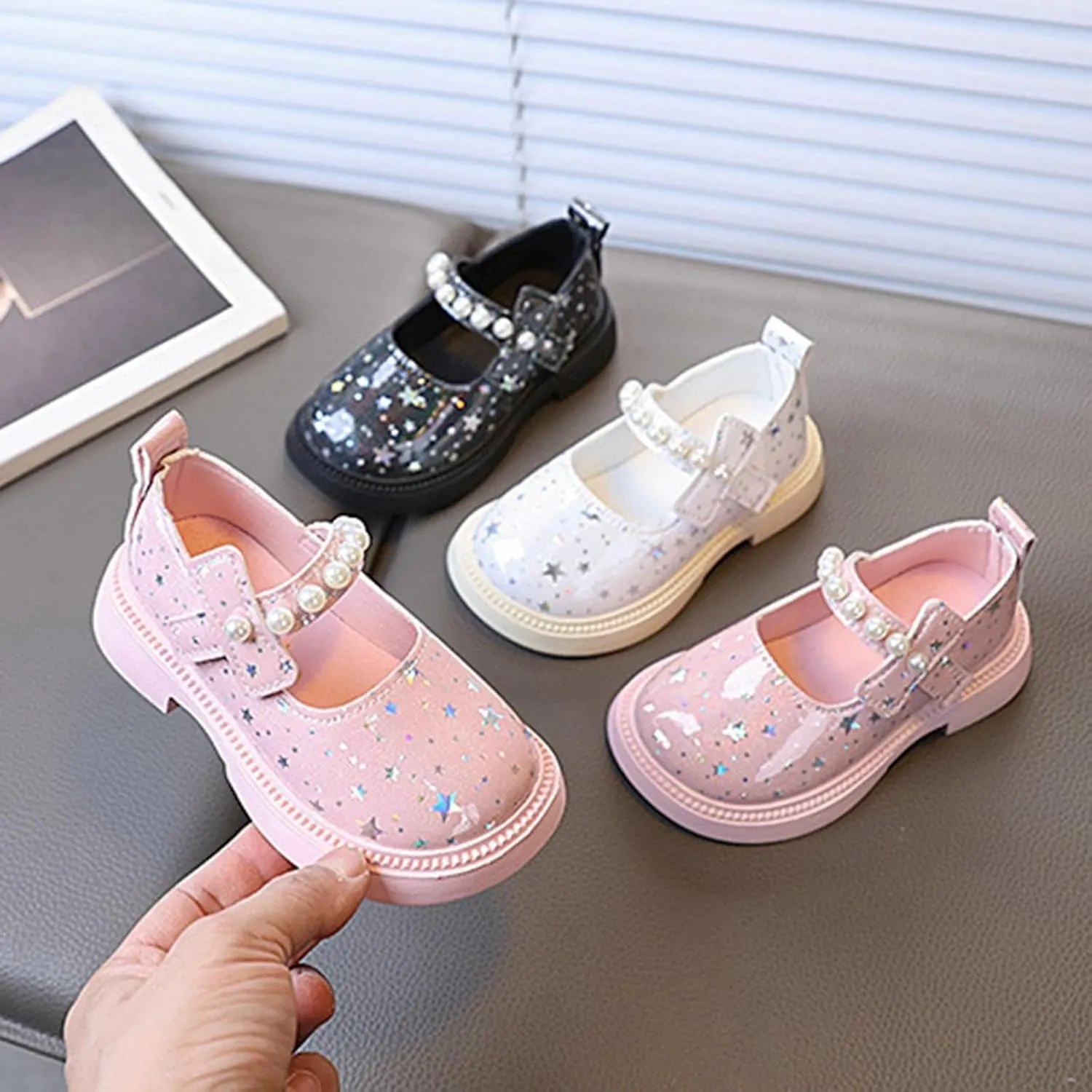 Girls Princess Leather Sequins Sandals Sole Rubber Pearl Strap Mary Jane Shoes Toddler Kids School Dance Uniform Shoes